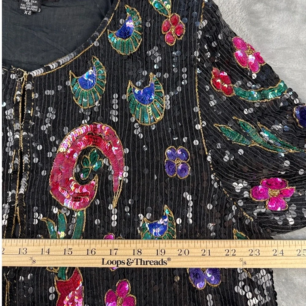 VTG Jean for Joseph Le Bon Jacket Womens XL Silk Sequin Floral Beaded Black EUC